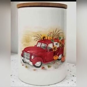 Vintage Red Truck Canister with Autumn Accents